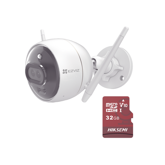 Kit Cámara WiFi C3X con Memoria MicroSD 32GB Audio de Dos Vías Visión a Color Nocturna Detección de Humanos y Vehículos