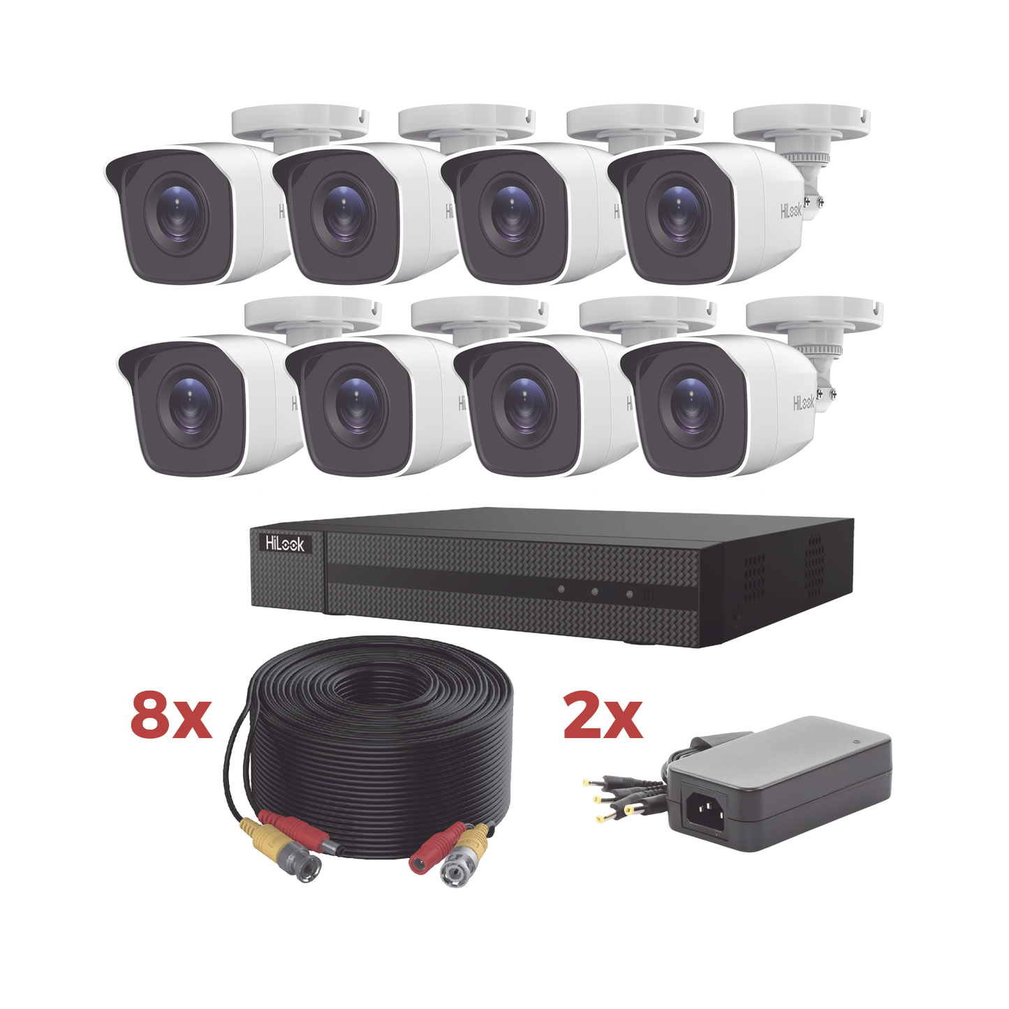 Kit TurboHD DVR 8 Canales 1080p Lite con 8 Cámaras Bala Metálicas 1080p + 8 Cables de 20 m + 2 Fuentes de Poder de 4 Canales