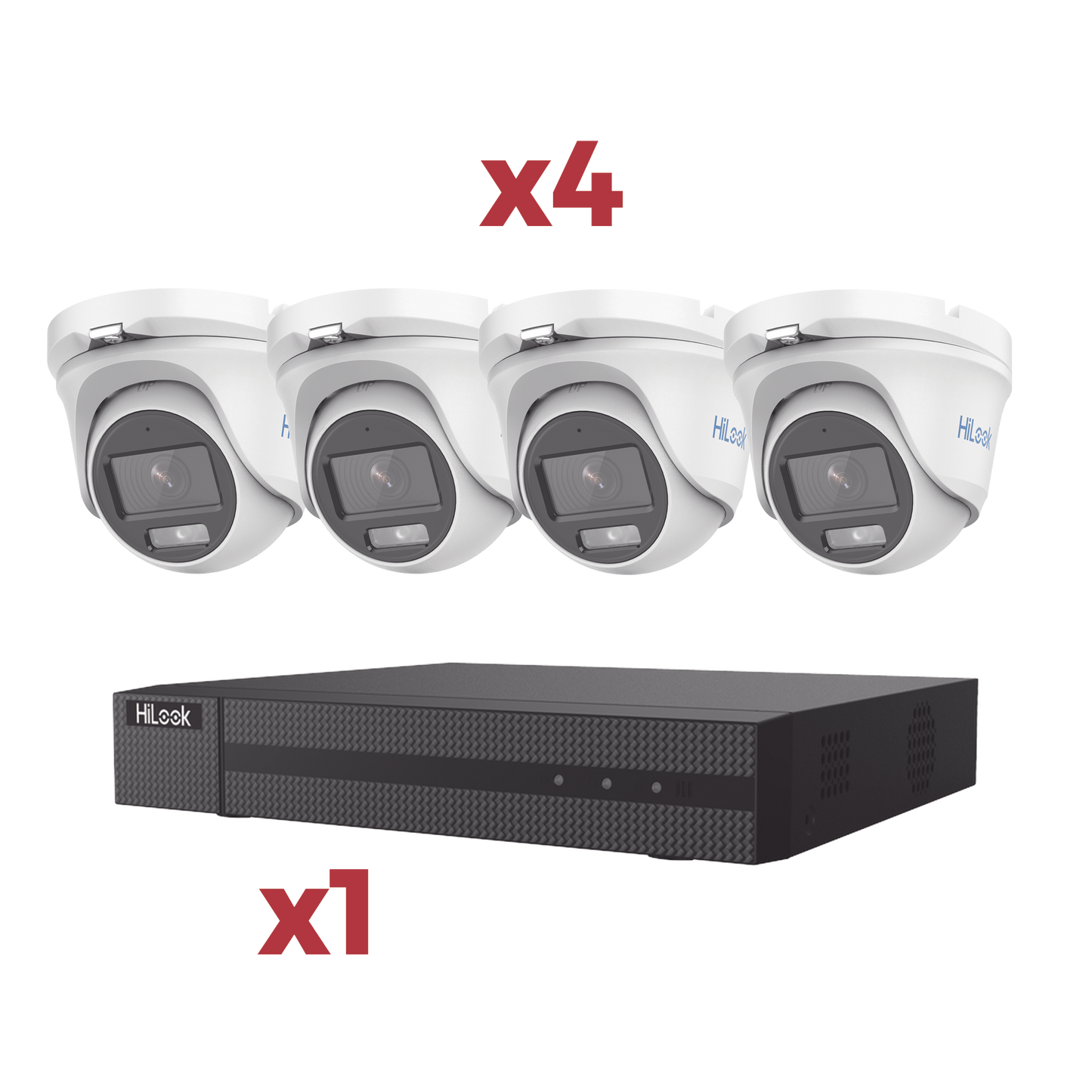 Kit DVR TurboHD 4 Canales + 1 IP 1080p Lite AcuSense Lite con 4 Cámaras Metálicas Tipo Turret ColorVu Lite con Micrófono Integrado + Audio por Coaxitron + 1 Bahía HDD
