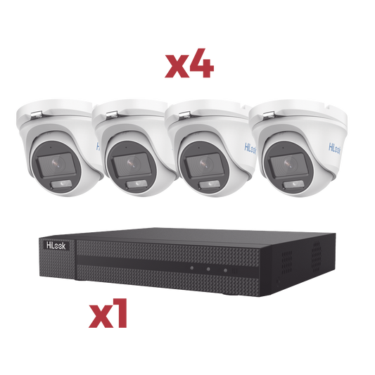 Kit DVR TurboHD 4 Canales + 1 IP 1080p Lite AcuSense Lite con 4 Cámaras Metálicas Tipo Turret ColorVu Lite con Micrófono Integrado + Audio por Coaxitron + 1 Bahía HDD