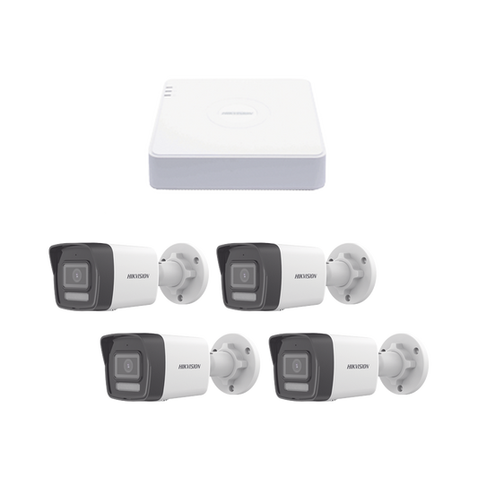 Kit IP 1080p (2MP) NVR 4 Canales con 4 Puertos PoE + 4 Cámaras Bala ColorVu Lite y AcuSense Lite con Micrófono Integrado
